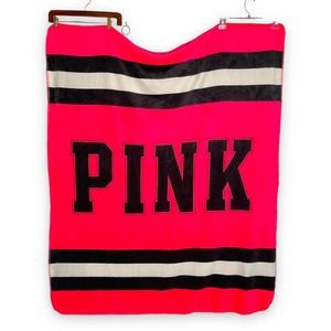 PINK Victoria's Secret Plush Blanket - Hot Pink w/ Black & White Stripes 49 x 58